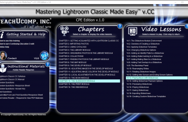 Buy Lightroom Classic CC Training at TeachUcomp, Inc.: A picture of the interface for the digital download or DVD versions of “Mastering Lightroom Classic Made Easy v.CC,” the Lightroom Classic CC tutorial from TeachUcomp, Inc.