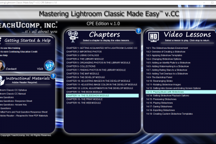 Buy Lightroom Classic CC Training at TeachUcomp, Inc.: A picture of the interface for the digital download or DVD versions of “Mastering Lightroom Classic Made Easy v.CC,” the Lightroom Classic CC tutorial from TeachUcomp, Inc.