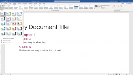 Apply a Theme in Word- Instructions and Video Lesson: A picture of a user applying a theme to a document in Word.