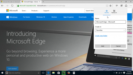 Add a Favorite to Microsoft Edge- Tutorial: A picture of a user adding a favorite web page to Microsoft Edge in Windows 10.