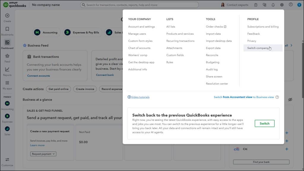 A picture showing how to switch companies in QuickBooks Online.