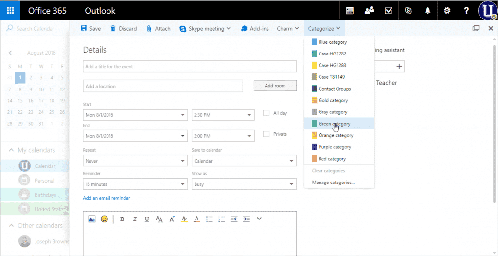 Categorize Items in Outlook on the Web - Tutorial: A picture of a user categorizing an item while creating it in Outlook on the Web.