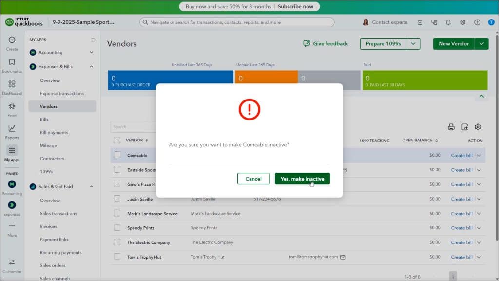 A picture showing the vendor version of the popup confirmation window that appears when you inactivate items in QuickBooks Online.