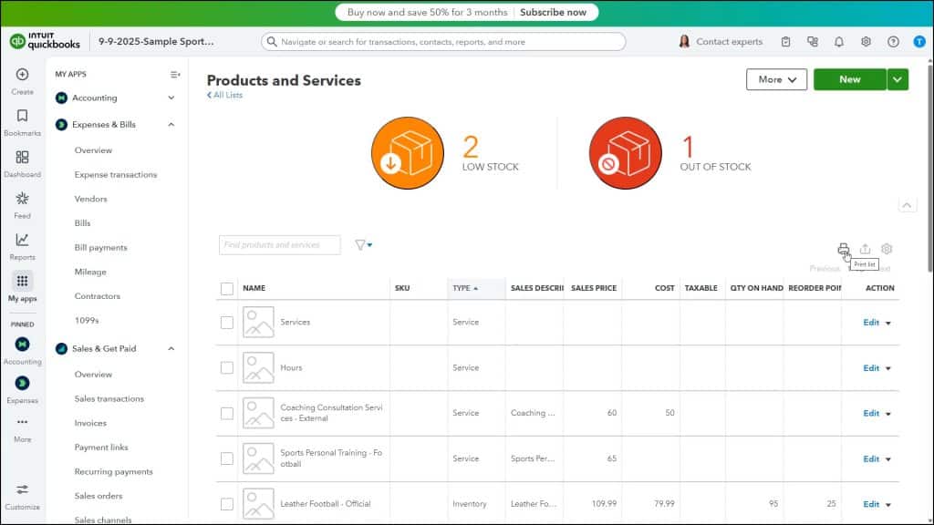 A picture showing how to print lists in QuickBooks Online.
