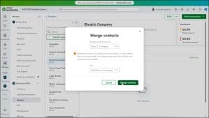 A picture showing how to merge items in QuickBooks Online by using the “Merge Contacts” window.