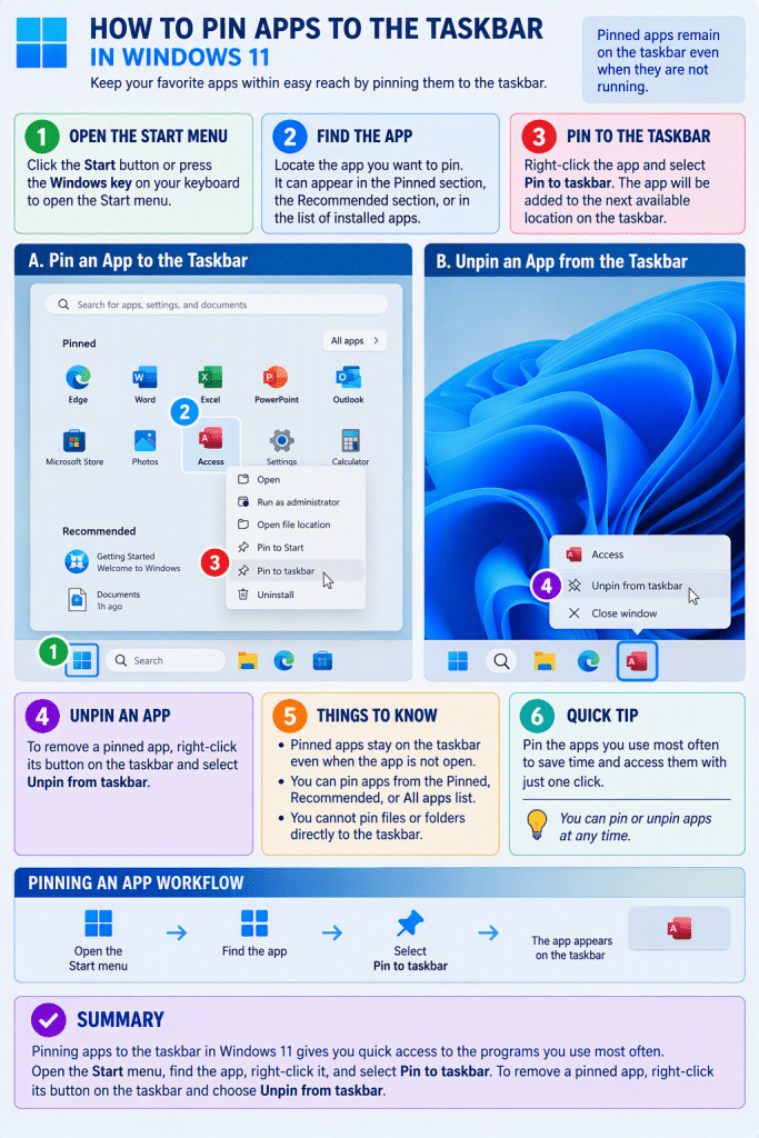 A picture showing how to pin app to the taskbar in Windows 11.