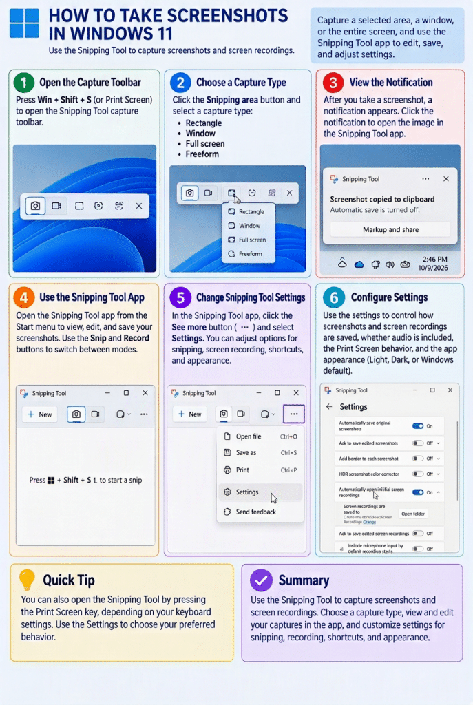 A picture showing how to take screenshots in Windows 11.
