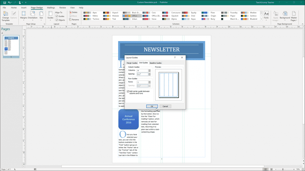 Layout Guides in Publisher - Instructions: A picture of the “Grid Guides” tab in the “Layout Guides” dialog box in Publisher.