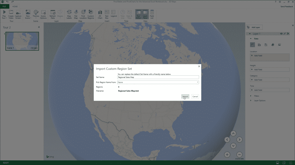 Custom Regions in 3D Maps in Excel - Instructions: A picture of the “Import Custom Region Set” dialog box in the 3D Maps window in Excel.