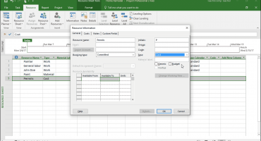 Create Cost Resources in Project- Instructions: A picture of a cost resource shown within the “Resource Information” dialog box in Microsoft Project.