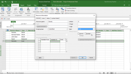 Create Cost Resources in Project- Instructions: A picture of a cost resource shown within the “Resource Information” dialog box in Microsoft Project.
