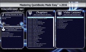 Buy QuickBooks Pro 2016 Training: A picture of the training interface for the digital download or DVD versions of Mastering QuickBooks Made Easy v.2016.