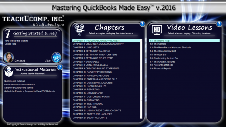 Buy QuickBooks Pro 2016 Training: A picture of the training interface for the digital download or DVD versions of Mastering QuickBooks Made Easy v.2016.