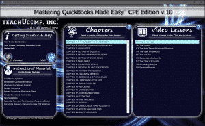 Buy QuickBooks Pro 2016 Training: A picture of the training interface for the digital download or DVD versions of Mastering QuickBooks Made Easy CPE Edition v.10.