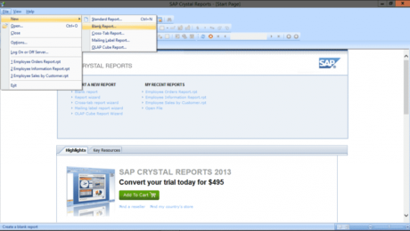 Create a New Blank Report in Crystal Reports 2013: A picture of the report creation options in Crystal Reports 2013.