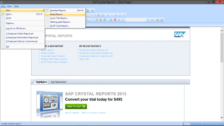 Create a New Blank Report in Crystal Reports 2013: A picture of the report creation options in Crystal Reports 2013.