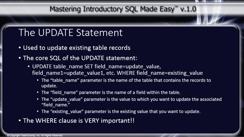 The UPDATE Statement in SQL- Tutorial: A picture of the core SQL of the UPDATE statement in SQL.