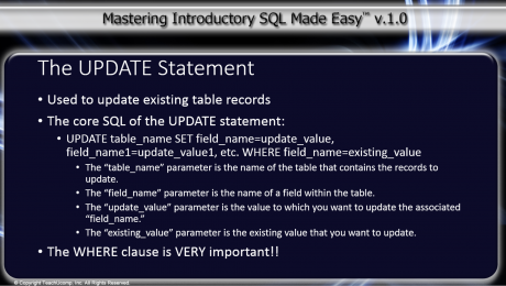 The UPDATE Statement in SQL- Tutorial: A picture of the core SQL of the UPDATE statement in SQL.