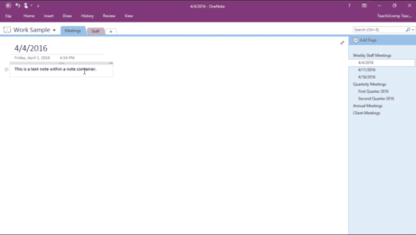 Create a Note in OneNote - Tutorial: A picture of a user hovering over a note in a notebook page within OneNote 2016.