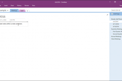 Create a Note in OneNote - Tutorial: A picture of a user hovering over a note in a notebook page within OneNote 2016.