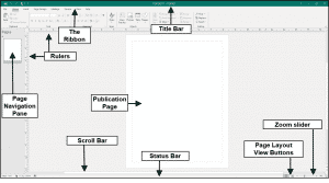 The Publisher User Interface - Instructions: A picture of the major objects and tools within the Publisher user interface.