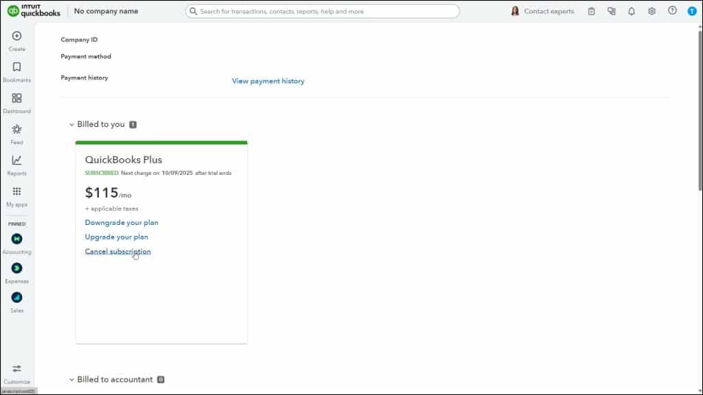 A picture showing how to cancel a company in QuickBooks Online.