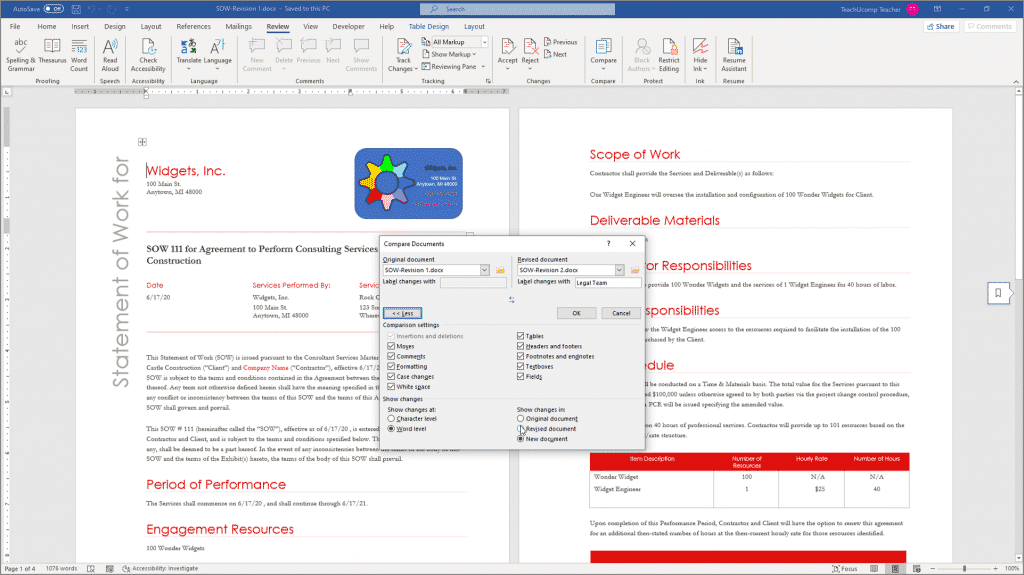 Compare Documents in Word- Instructions: A picture of a user comparing two documents in Word within the “Compare Documents” dialog box.