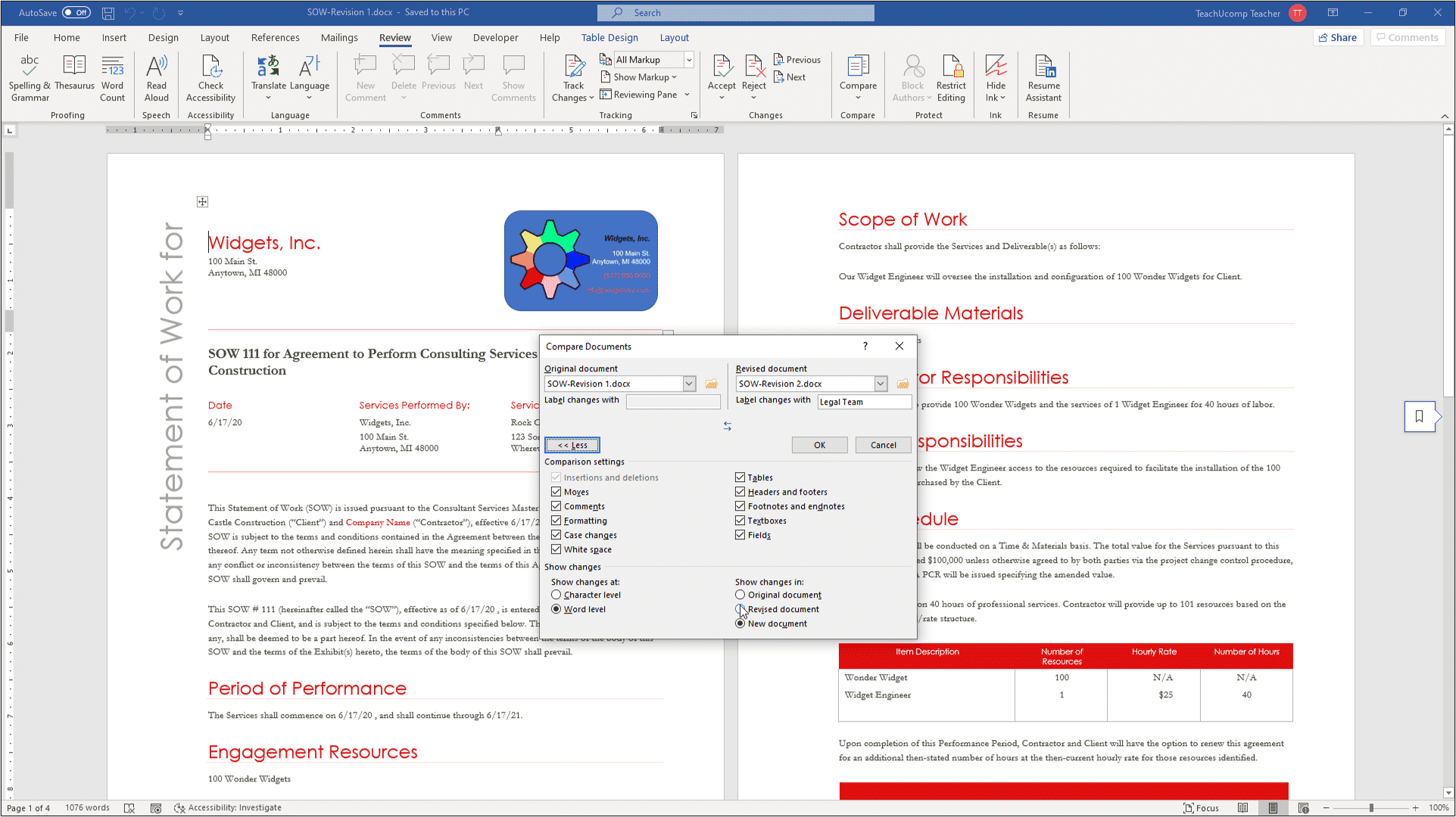 how to compare 2 word documents to see changes