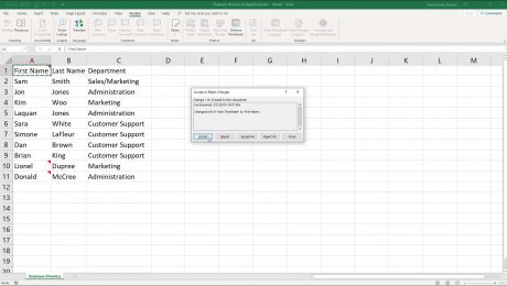 A picture showing how to accept or reject changes to a shared workbook in Excel if using the traditional “Shared Workbooks” feature.