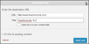 Create a Link in WordPress- Tutorial and Instructions: A picture of the "Insert/edit link" dialog box in WordPress 4.0.
