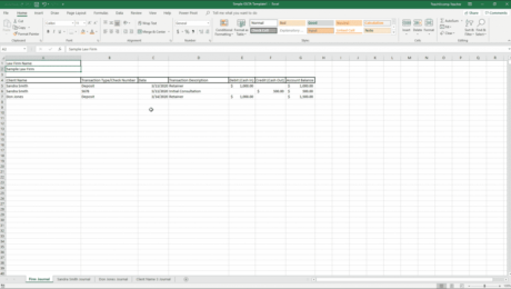 What is an IOLTA Account? - Excel for Lawyers Tutorial: A picture of a simple IOLTA account ledger created in an Excel worksheet.
