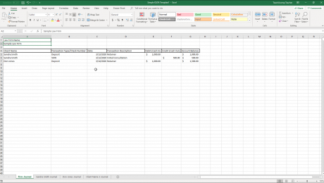 What is an IOLTA Account? - Excel for Lawyers Tutorial: A picture of a simple IOLTA account ledger created in an Excel worksheet.