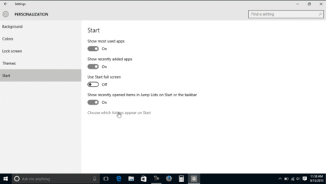 Start Settings in Windows 10- Tutorial: A picture of the Start settings screen in Windows 10.