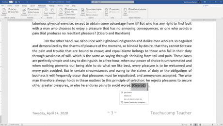 Add a Citation Placeholder in Word - Instructions: A picture of a citation placeholder in Word.