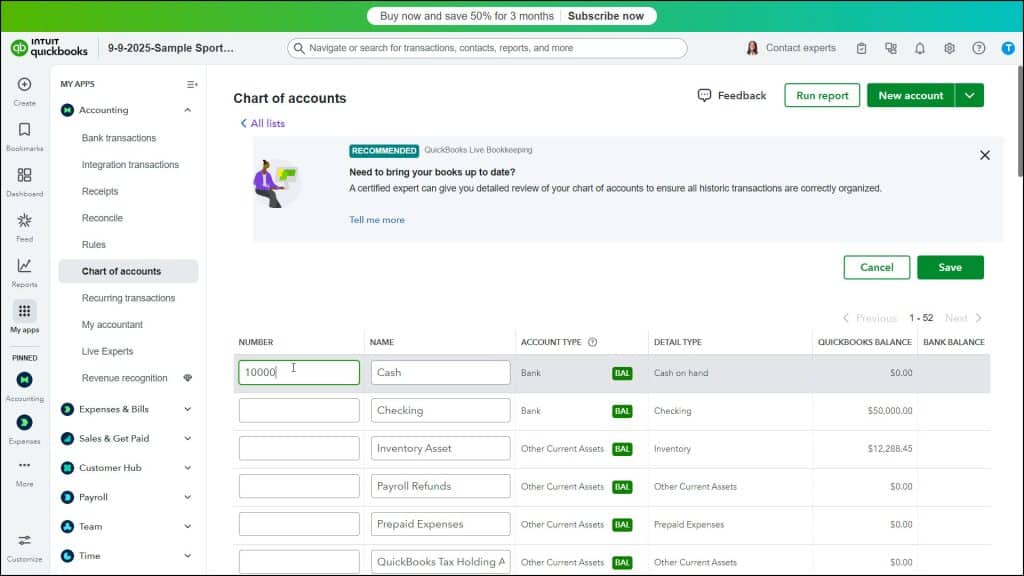 A picture showing how to assign account numbers in QuickBooks Online by batch editing the accounts in the Chart of Accounts.