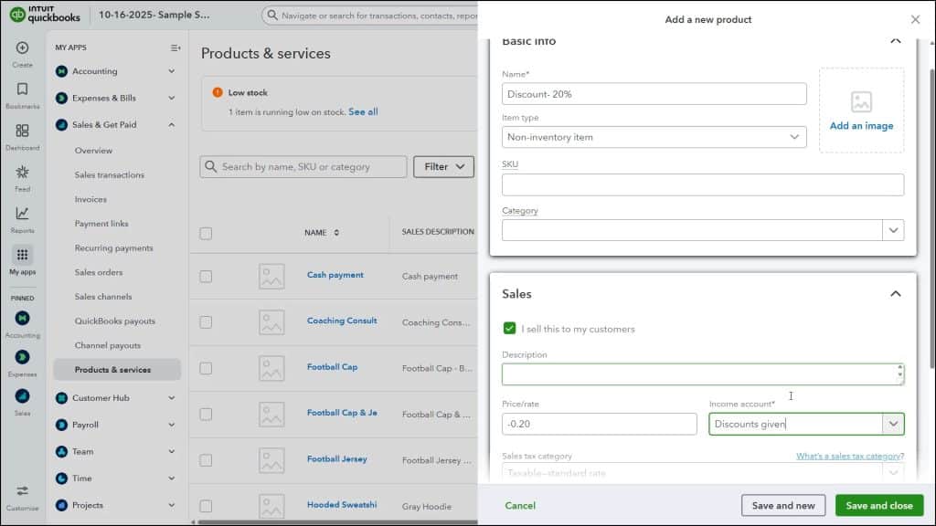 A picture showing how to create a percentage-based discount line item in QuickBooks Online.
