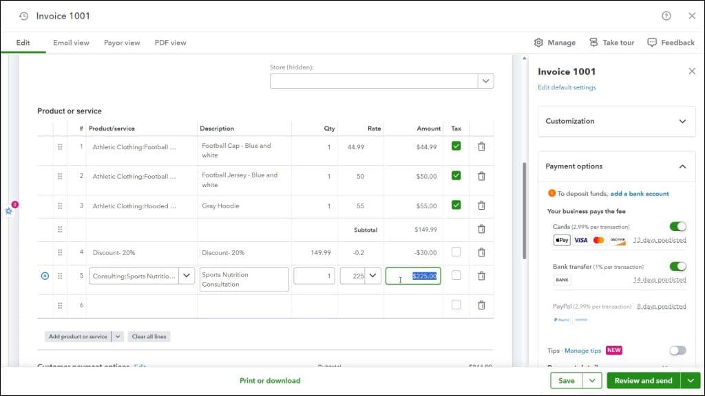 A picture showing a percentage-based discount line item applied to a subtotaled amount within an invoice in QuickBooks Online.
