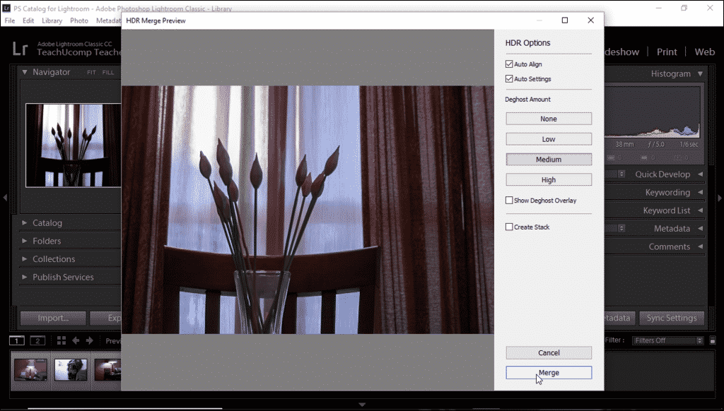 HDR Photo Merge in Lightroom Classic CC - Instructions: A picture of the “HDR Merge Preview” dialog box in Lightroom Classic CC.