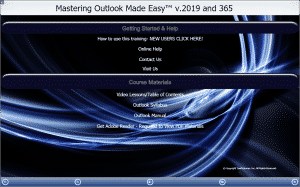 Buy Outlook 2019 and 365 Training: A picture of TeachUcomp, Inc.’s “Mastering Outlook Made Easy v.2019 and 365” training interface for digital downloads and DVDs.