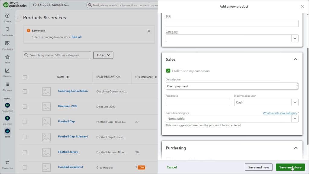 A picture showing how to create a payment line item in QuickBooks Online for a “Cash” payment type.