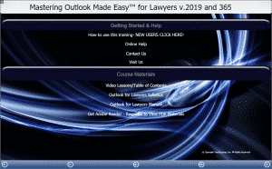 A picture of TeachUcomp, Inc.’s “Mastering Outlook Made Easy for Lawyers v.2019 and 365” training interface for digital downloads and DVDs.