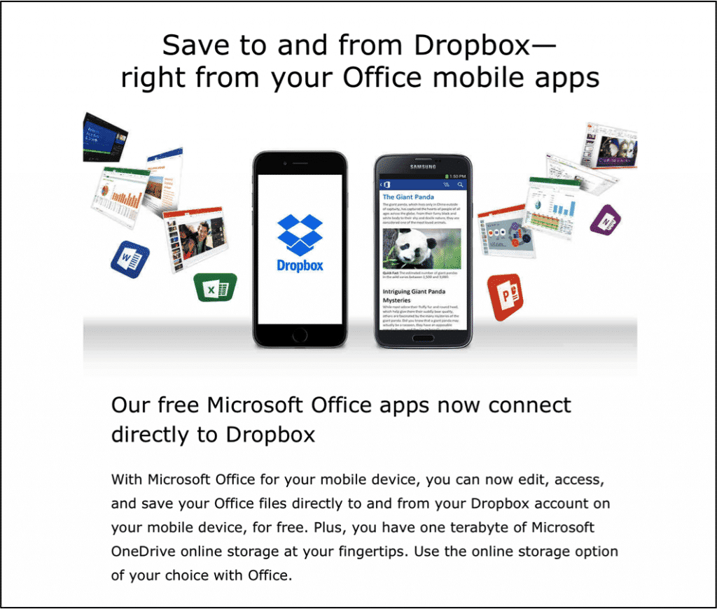 Free Microsoft Office Apps with Dropbox Integration: A picture of the email sent by Microsoft that announced the new Microsoft Office apps with Dropbox integration. Source: Microsoft.