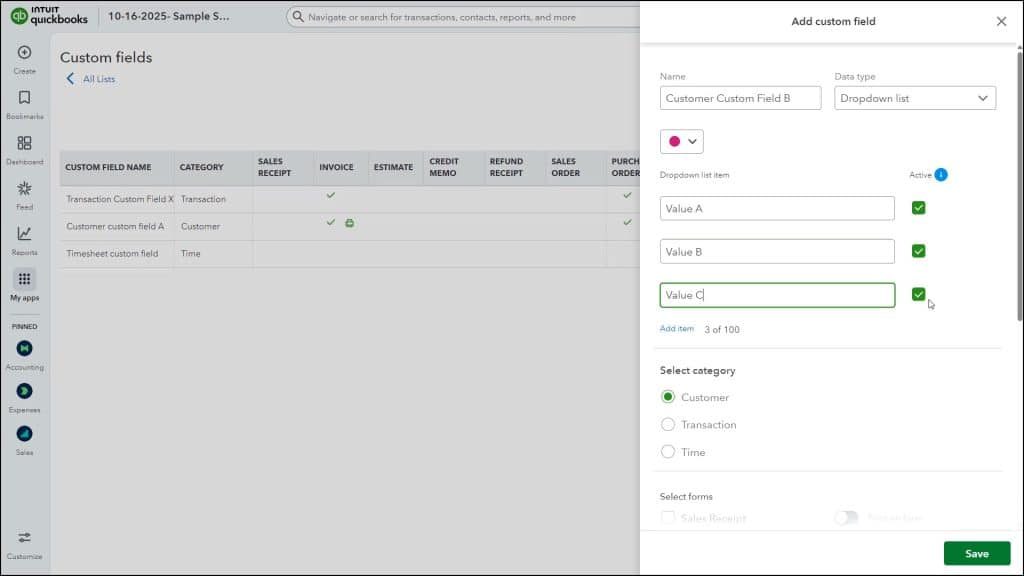 A picture showing how to create custom fields in QuickBooks Online using the “Add custom field” pane.