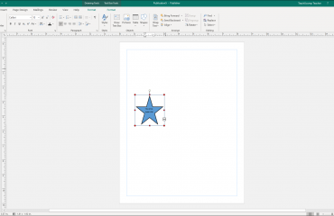 Add Text to Shapes in Publisher - Instructions: A picture of a shape containing too much text in Publisher. Note the red resizing handles and the ellipsis mark on the shape. This indicates there is more text in the shape than it can display.