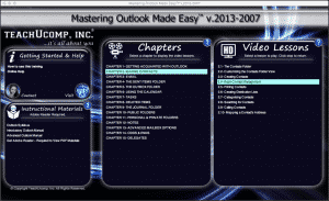 Managing Contacts in Outlook 2013-2007- Tutorial and Instructions: A picture of the "Mastering Outlook Made Easy v.2013-2007" interface with lesson "2.4- Basic Contact Management" selected.