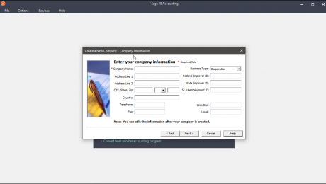 Create a New Company File in Sage 50- Instructions: A picture of the “Company Information” screen within the “Create a New Company” wizard in Sage 50 Premium Accounting.
