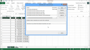 Add Excel Tables to a Data Model- Tutorial: A picture of the "Workbook Connections" dialog box in Excel 2013 showing references to Excel tables in the data model.