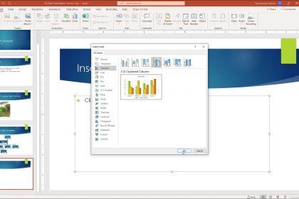 A picture showing how to insert a chart in PowerPoint and select its chart type in the “Insert Chart” dialog box.