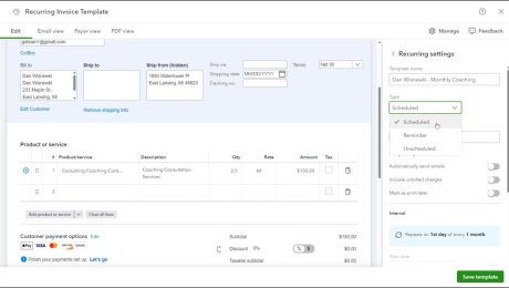 A picture showing how to set the recurring invoice type within the “Recurring settings” pane when creating recurring invoices in QuickBooks Online.