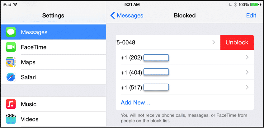 Block Text Message SPAM Using iOS 8: A picture of the "Unblock" button that appears when you swipe from right to left across a blocked number within the "Blocked" category in the "Messages" category of the "Settings" app in iOS 8.